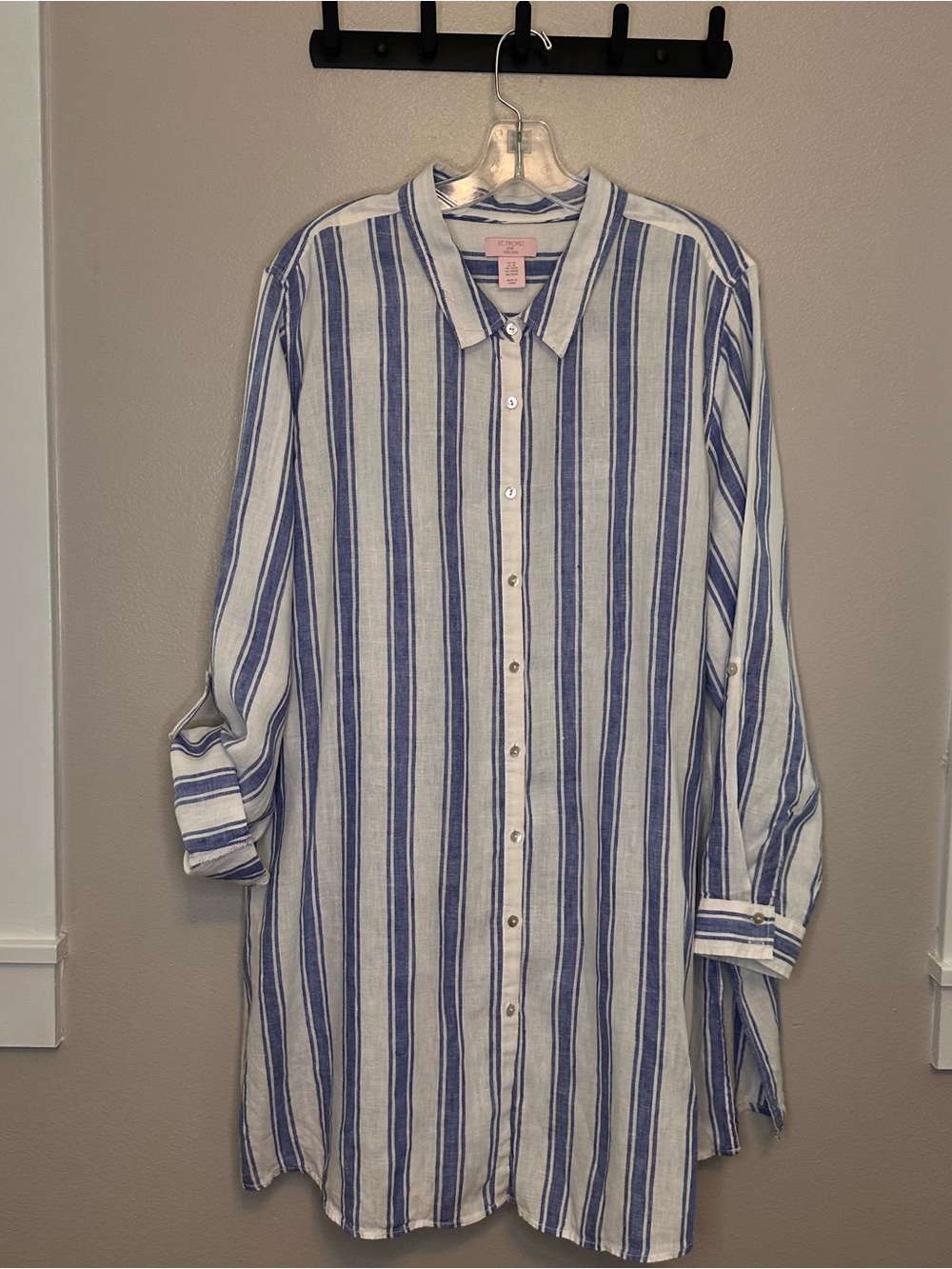 St. Tropez Linen Blue and White Striped Button-Down Shirt Tunic Swim Cover Up